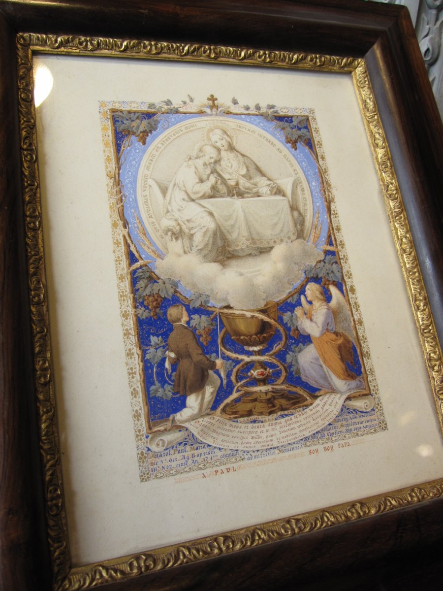 Illuminated Signed Louis Joseph Hallez Dated 1856 With Its Glass And Its Original Setting.