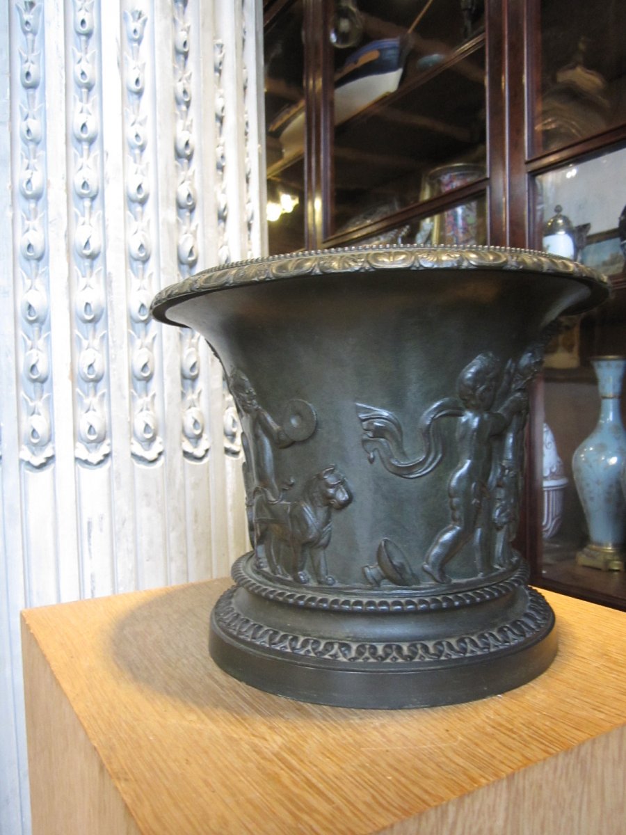 Neo Classical Bronze Vase Decorated With A Round In Friesian Bacchus, Satyrs And Putti.-photo-1