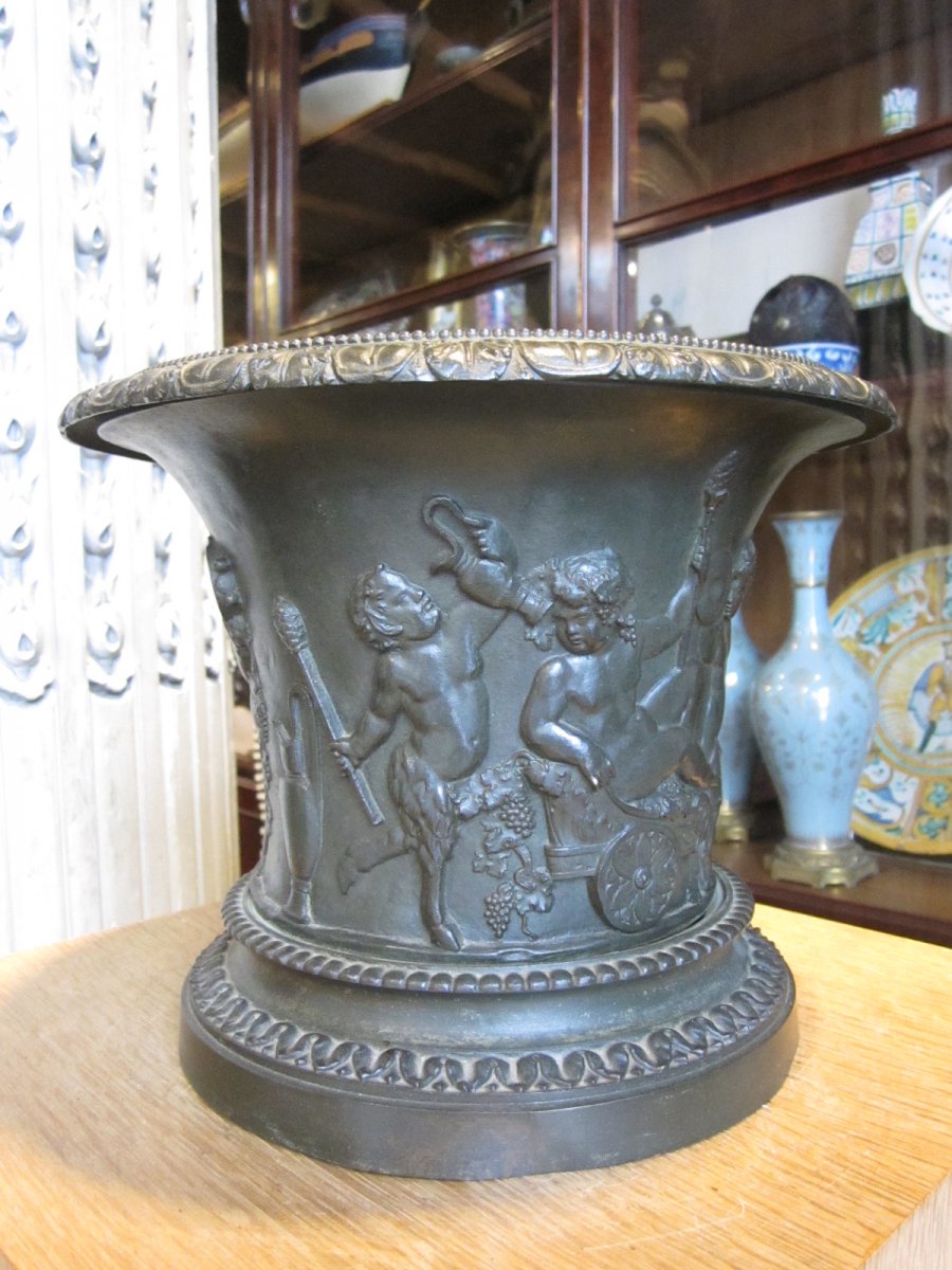 Neo Classical Bronze Vase Decorated With A Round In Friesian Bacchus, Satyrs And Putti.-photo-6