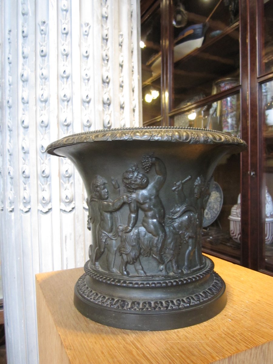 Neo Classical Bronze Vase Decorated With A Round In Friesian Bacchus, Satyrs And Putti.