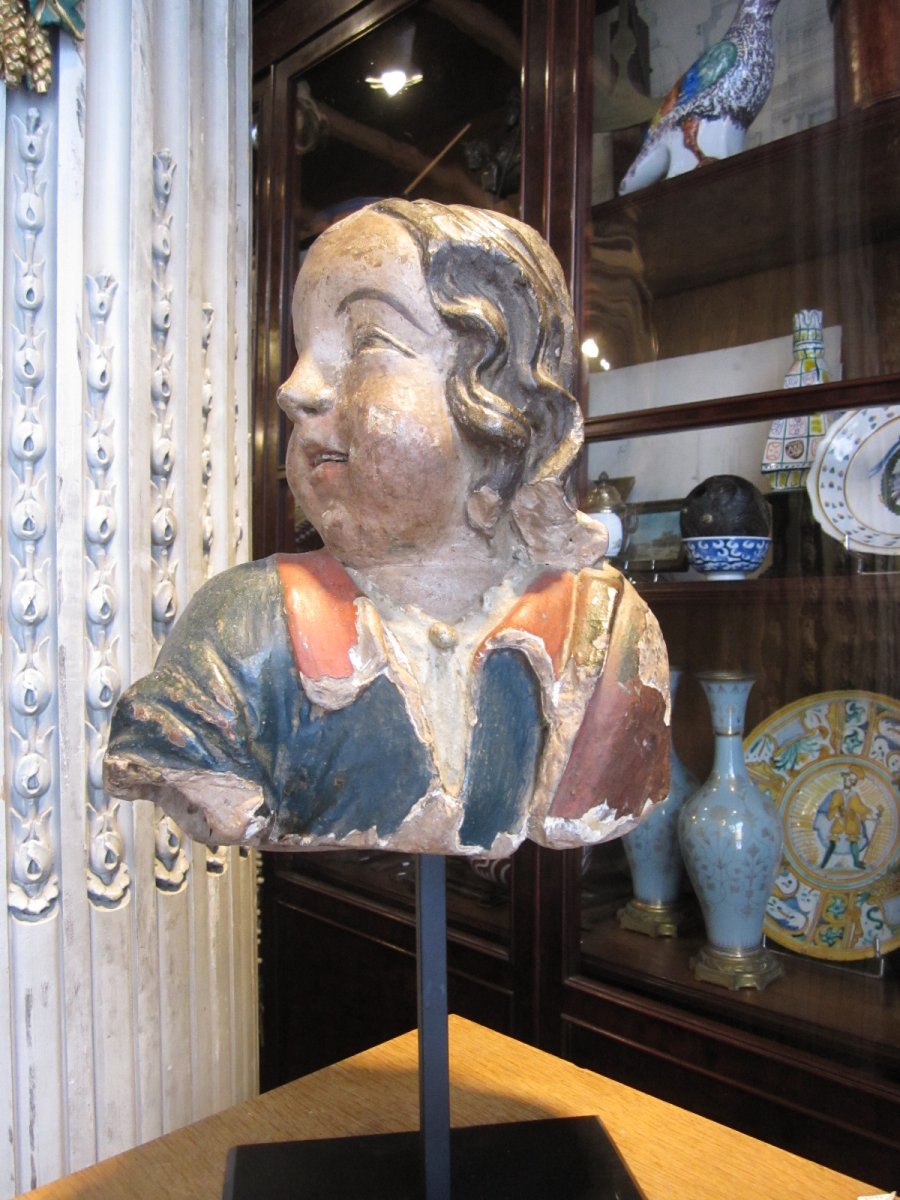 Bust Of Cherub In Polychrome Terracotta, Probably Breton Work Of The Middle Of The 17th.-photo-2