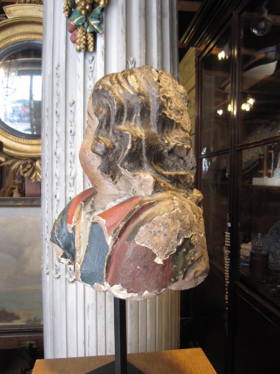 Buste d'Angelot En Terre Cuite Polychrome , Travail Probablement Breton Du Milieu Du 17ieme .-photo-3
