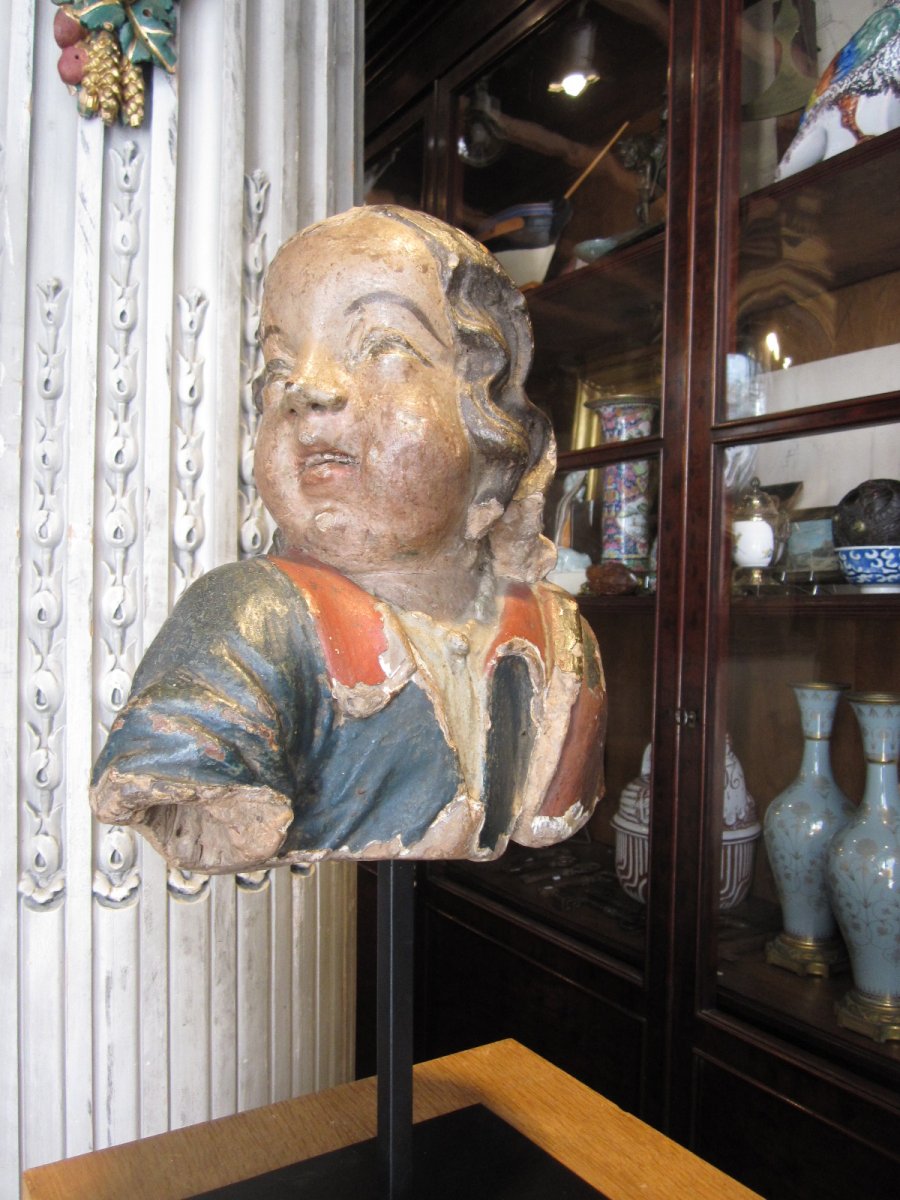 Bust Of Cherub In Polychrome Terracotta, Probably Breton Work Of The Middle Of The 17th.-photo-3