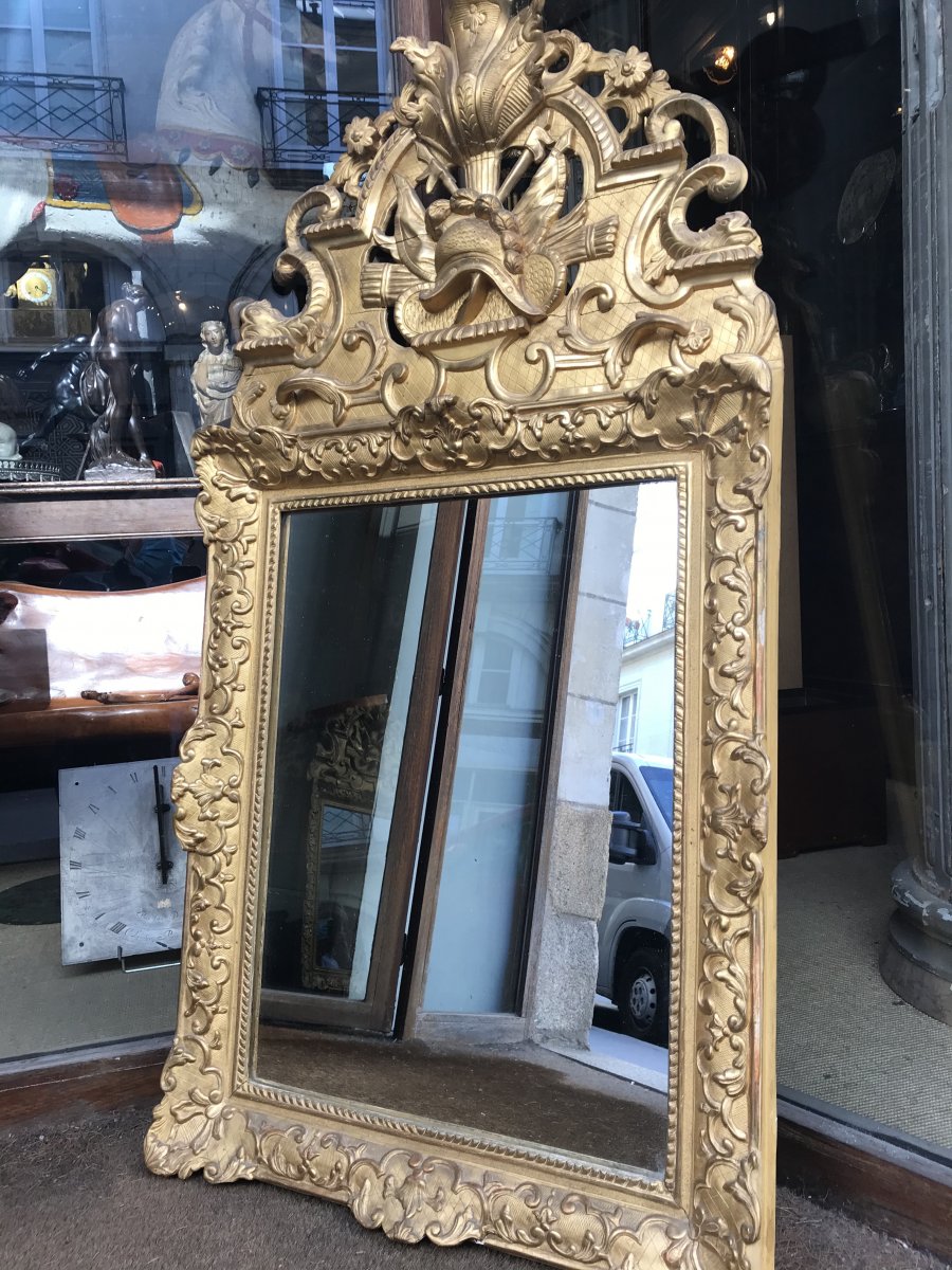 Miroir Régence En bois  Sculpté Et Doré à Fronton Ajouré.-photo-4