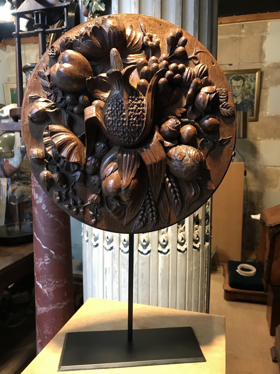 Tondo In Carved Walnut Decorated With Fruits And Flowers.-photo-5