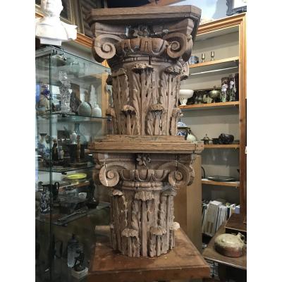 Pair Of Corinthian Capitals In Carved Wood.