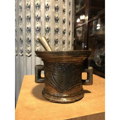 Bronze Mortar And Its Pestle With Two Handles.