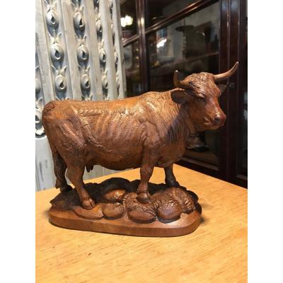 Cow In Carved Wood Swiss Work.