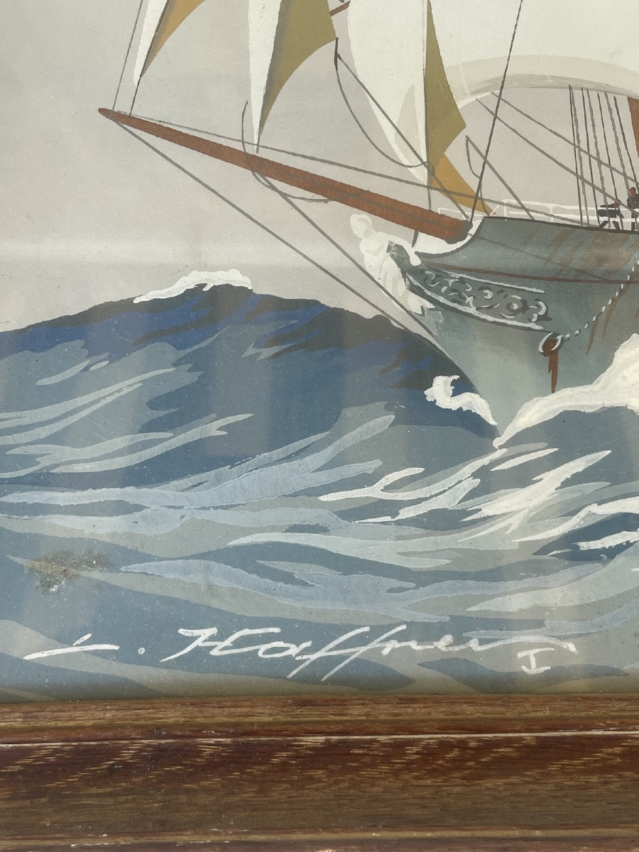 Gouache Three Masts Leon Haffner Official Painter Of The Navy-photo-4