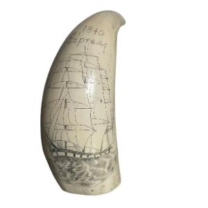 Beautiful Sperm Tooth Scrimshaw Trois Masts Express 1840