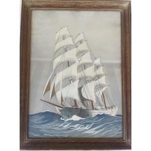 Gouache Trois mats LEON HAFFNER peintre officiel de la Marine
