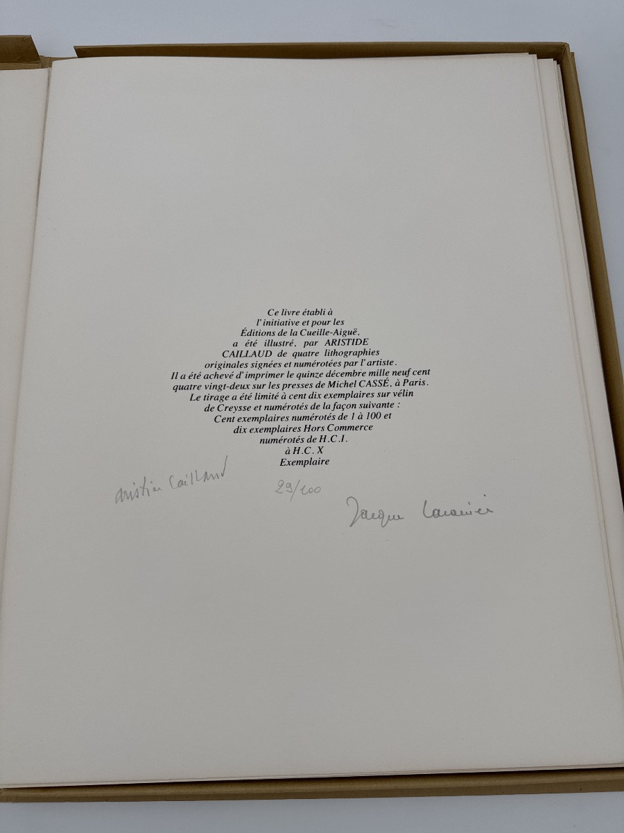 Coffret de quatre lithographies originales d’Aristide Caillaud avec poème de Jacques Lacarrière-photo-3