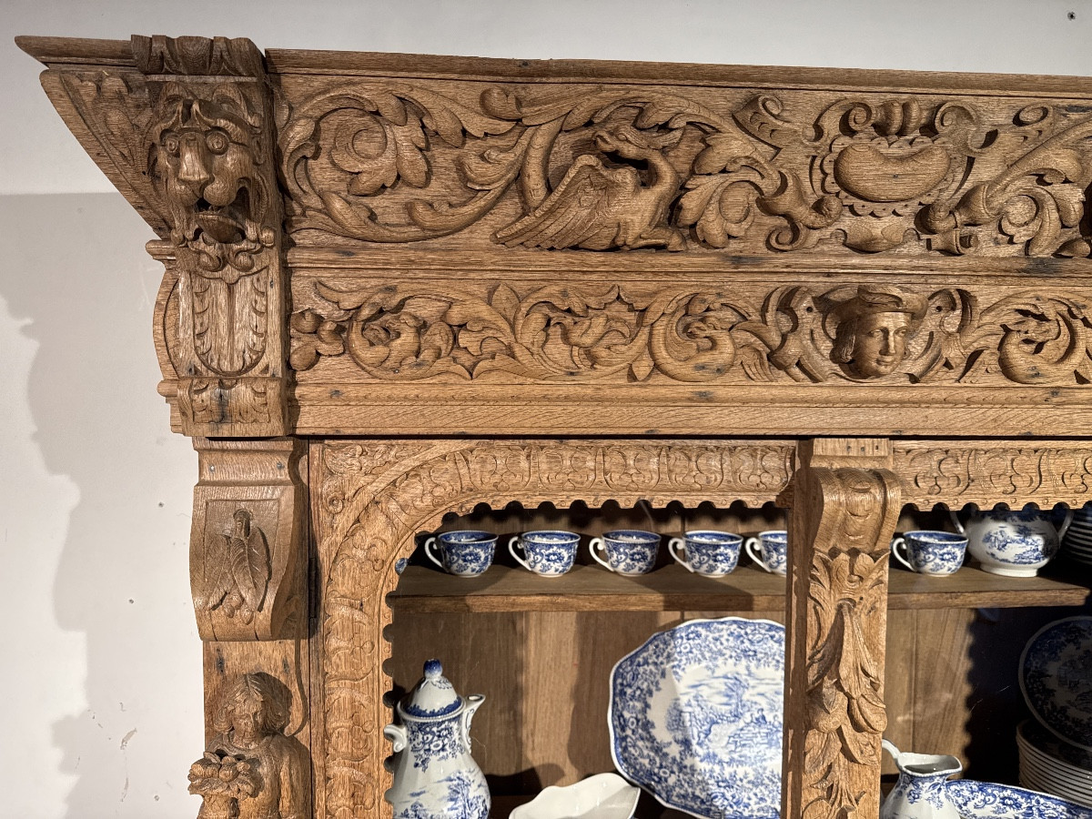 Grande vitrine, bibliothèque de style Renaissance du XIXᵉ en chêne sculpté-photo-3