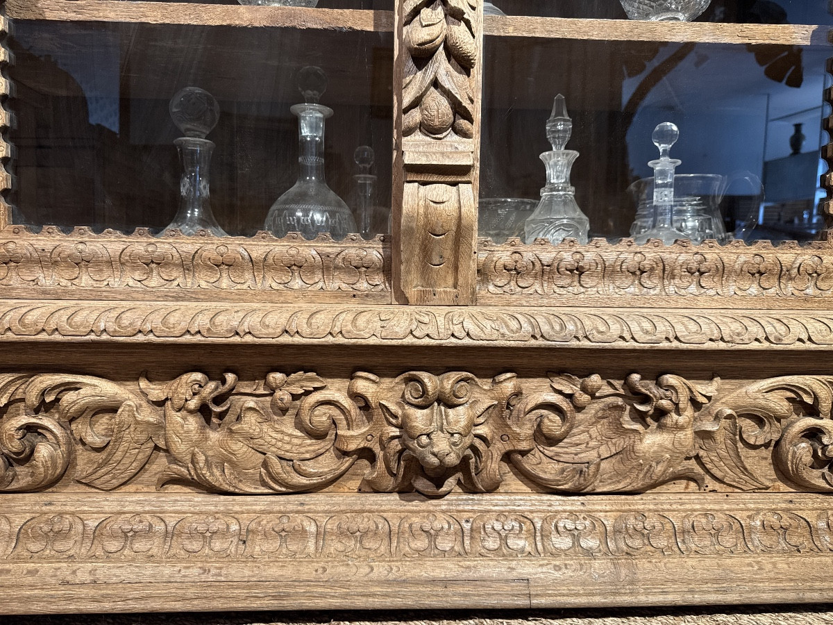 Grande vitrine, bibliothèque de style Renaissance du XIXᵉ en chêne sculpté-photo-3