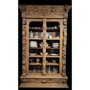 Grande vitrine, bibliothèque de style Renaissance du XIXᵉ en chêne sculpté
