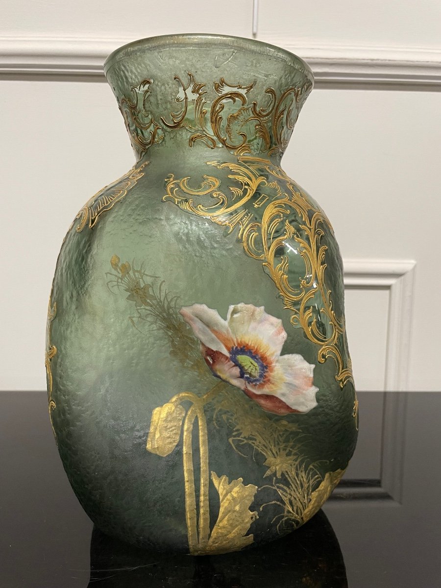 Montjoye - Large Twisted Tors Vase Legras Enameled Frosted Glass-photo-3