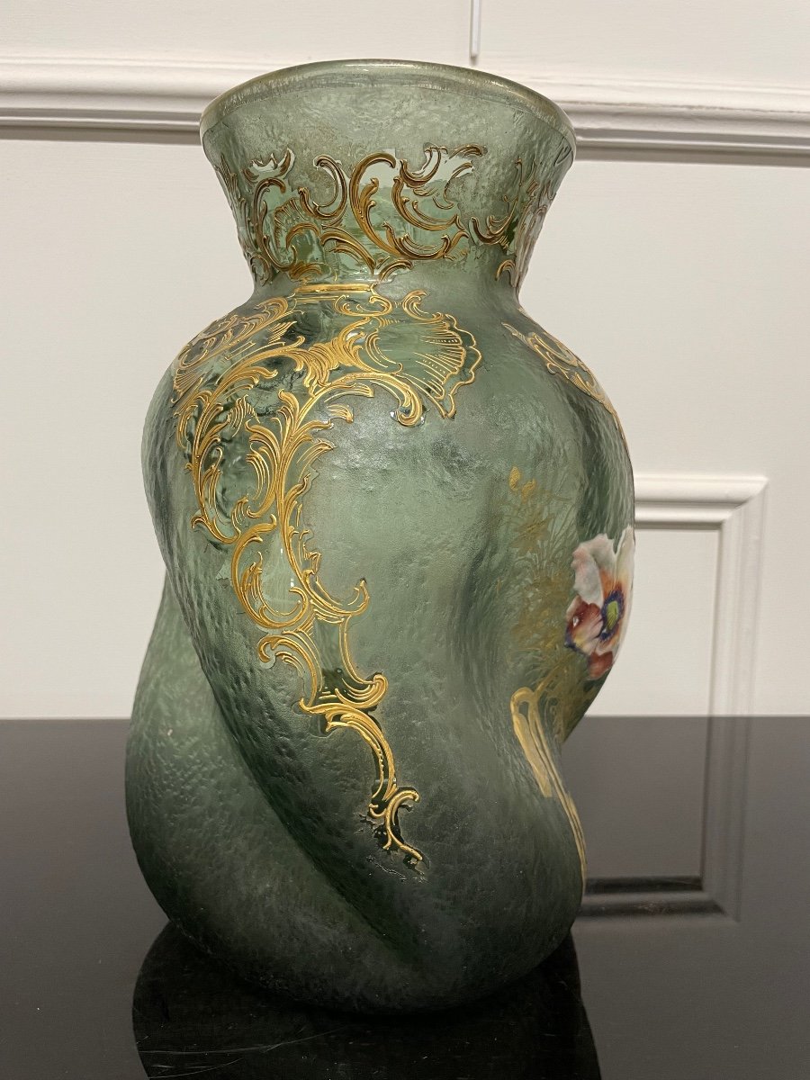 Montjoye - Large Twisted Tors Vase Legras Enameled Frosted Glass-photo-4