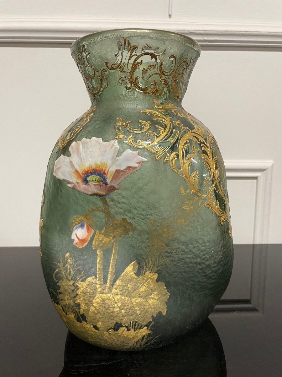 Montjoye - Large Twisted Tors Vase Legras Enameled Frosted Glass