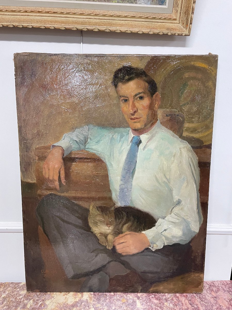Portrait d'Homme Au Chat Vers 1940 Signé Claes Maurice Huile Sur Toile-photo-8
