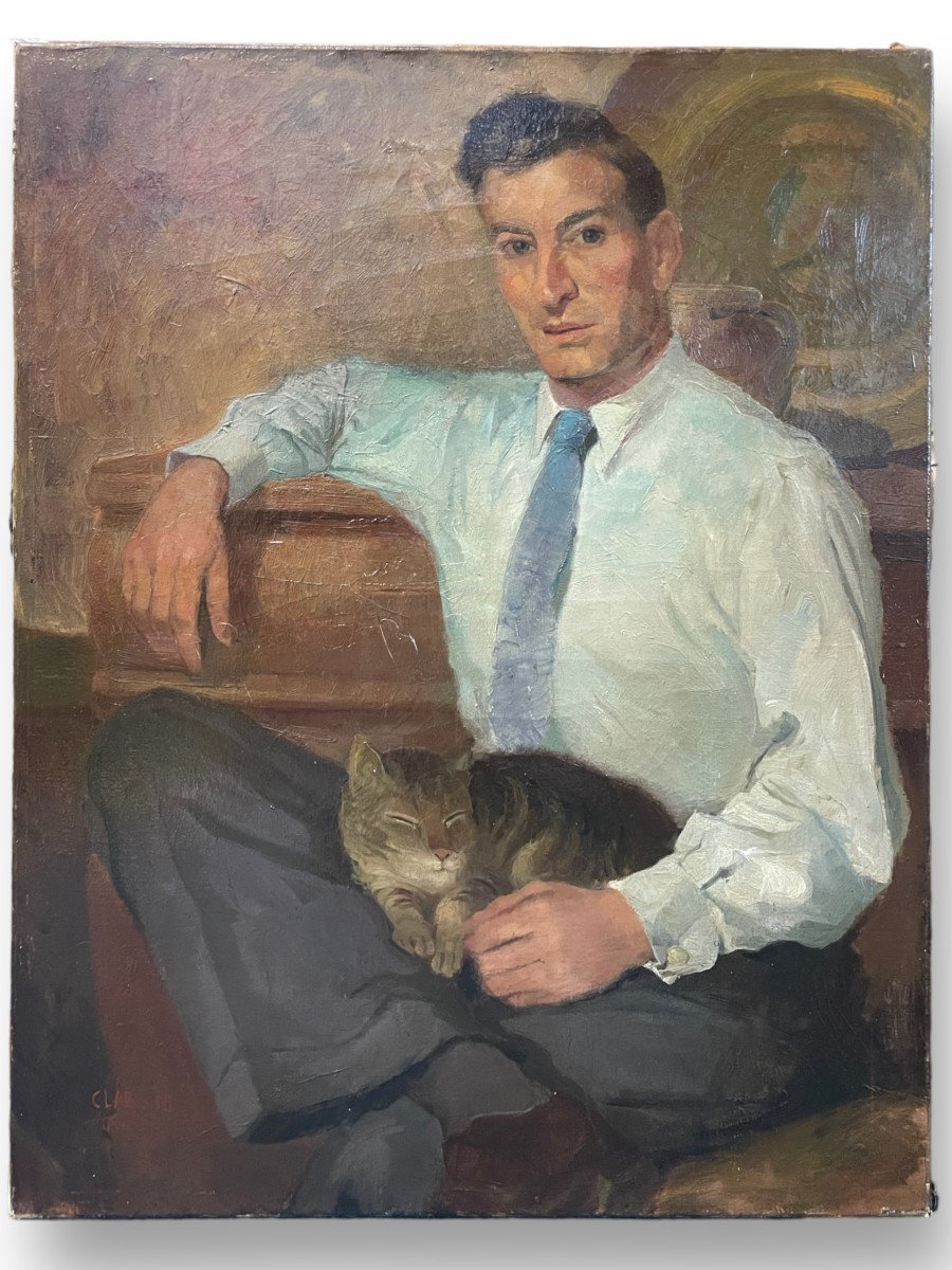 Portrait d'Homme Au Chat Vers 1940 Signé Claes Maurice Huile Sur Toile