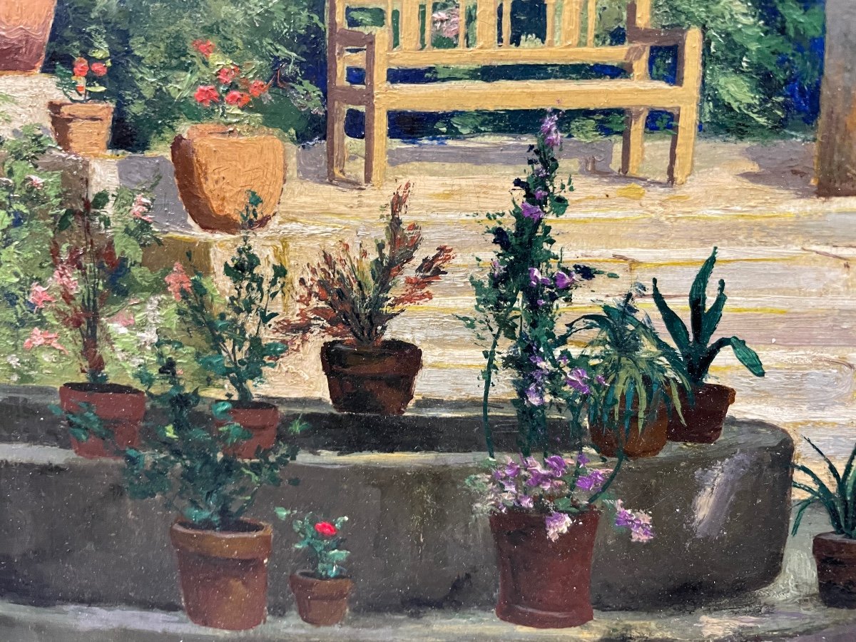 Pauline Elisabeth DELACROIX GARNIER - Villa Et Jardin Fleuri Huile Sur Toile-photo-2