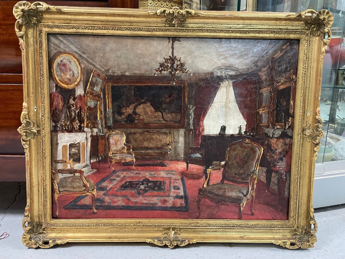 Henri Charles Antoine Baron - Interior View Of Living Room Oil On Canvas Late 19th Century-photo-2