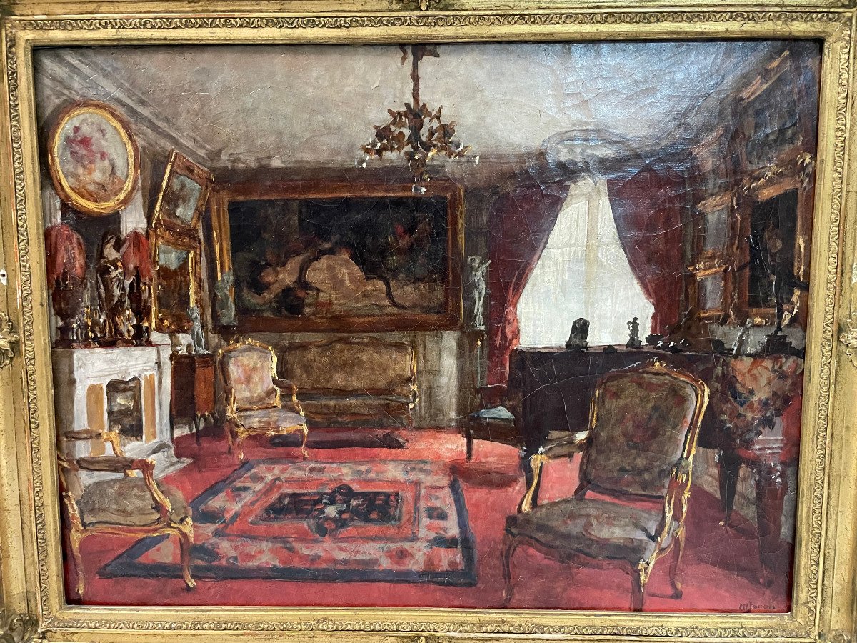 Henri Charles Antoine Baron - Interior View Of Living Room Oil On Canvas Late 19th Century-photo-3