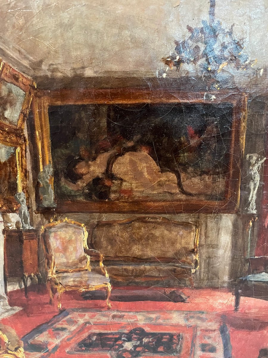 Henri Charles Antoine Baron - Interior View Of Living Room Oil On Canvas Late 19th Century-photo-1