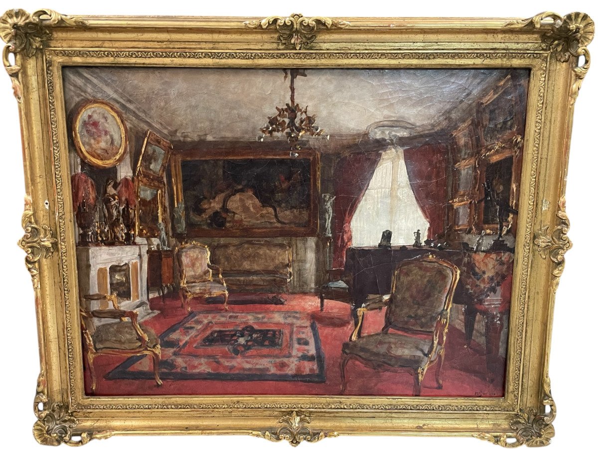 Henri Charles Antoine Baron - Interior View Of Living Room Oil On Canvas Late 19th Century