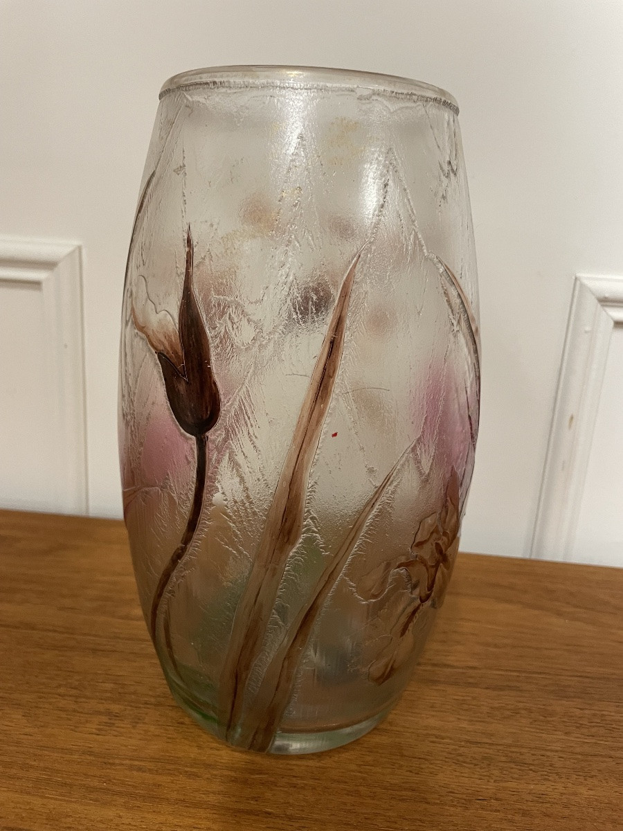 Art Nouveau Frosted Glass Vase With Iris Decoration Art Nouveau Period-photo-3