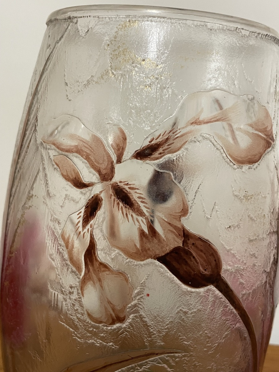 Art Nouveau Frosted Glass Vase With Iris Decoration Art Nouveau Period-photo-1