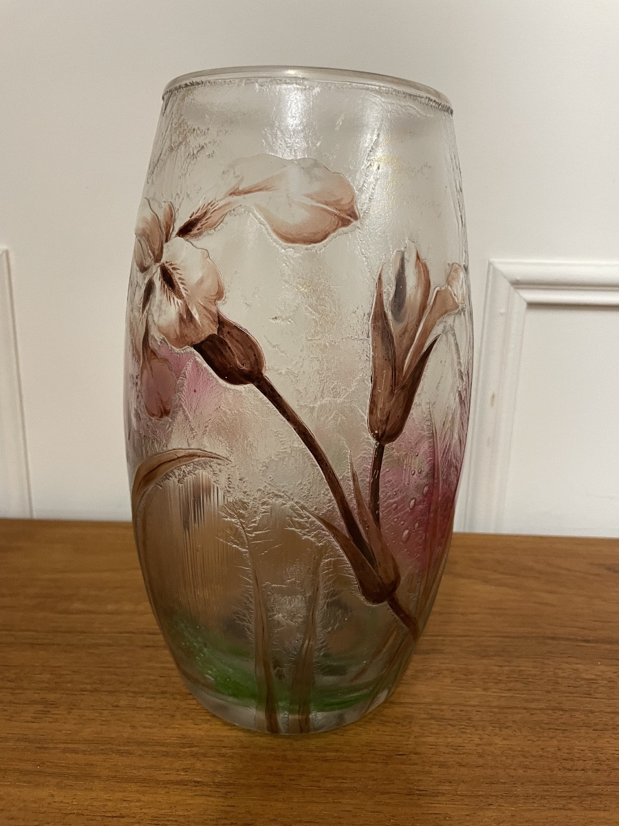 Art Nouveau Frosted Glass Vase With Iris Decoration Art Nouveau Period