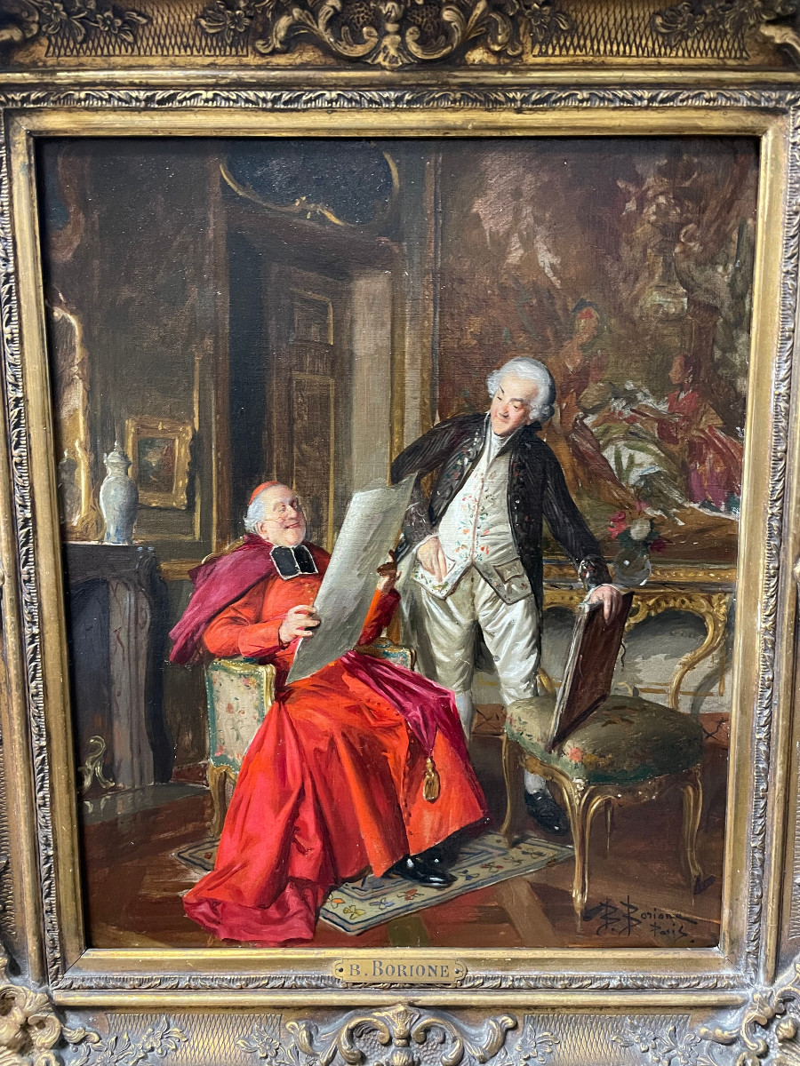 Bernard Louis Borione - The Painter Presenting His Work To The Cardinal - Oil On Canvas, Late 19th Century