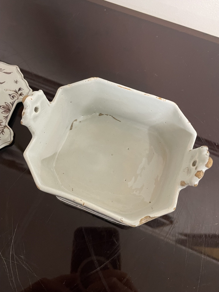 Antique Delftware Butter Dish, Hache De Porcelaine Workshops, 18th Century-photo-2