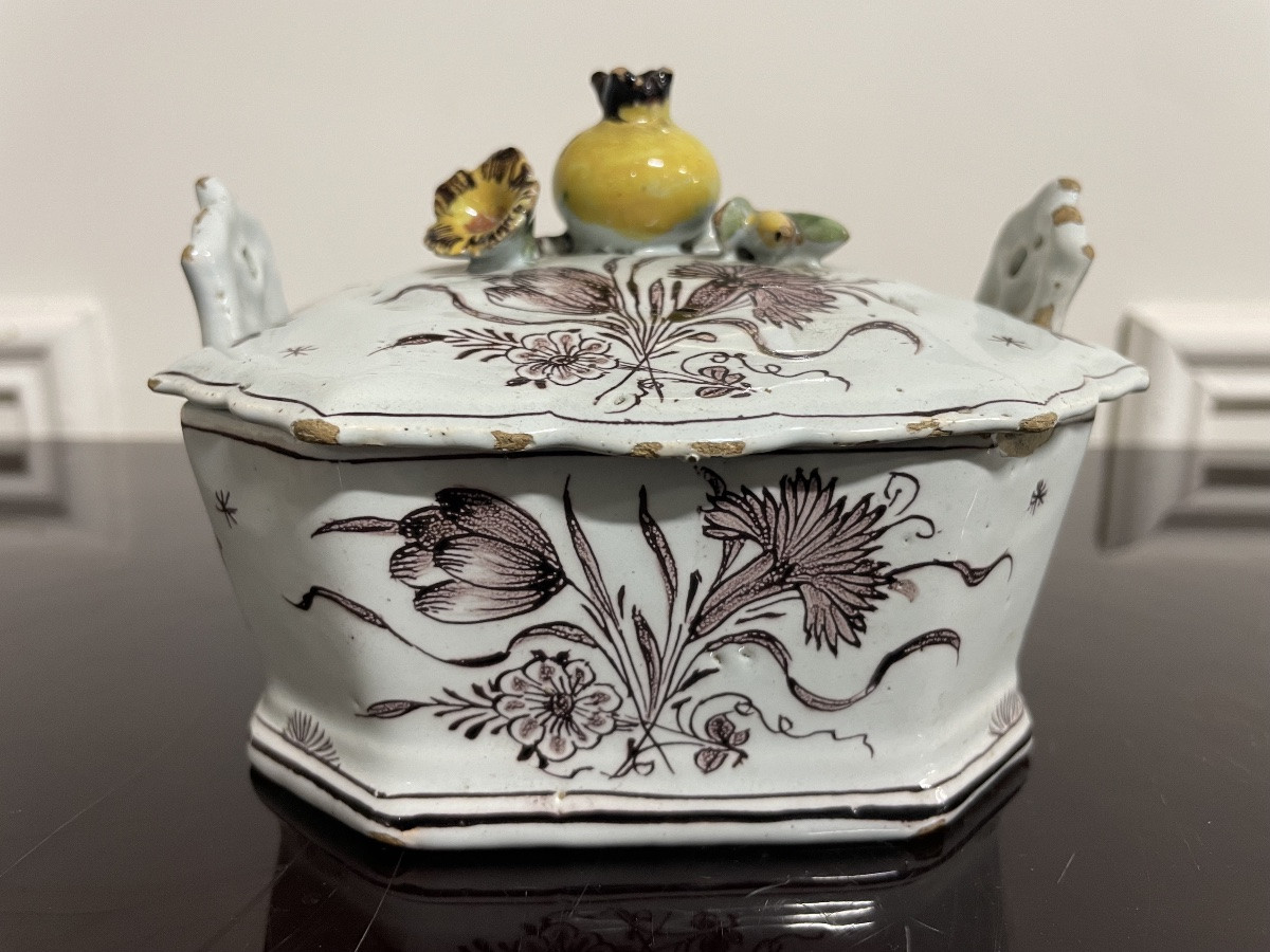 Antique Delftware Butter Dish, Hache De Porcelaine Workshops, 18th Century-photo-5