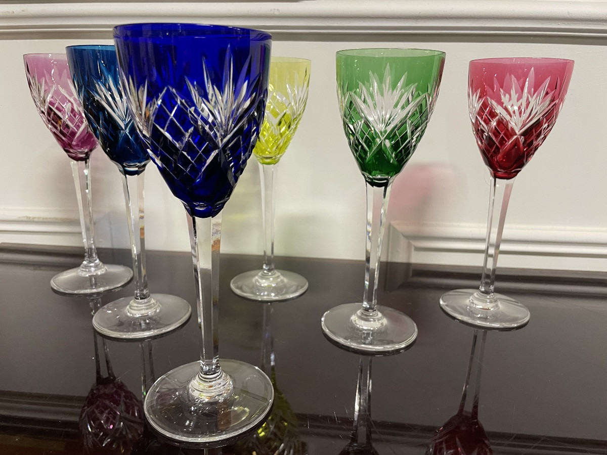 6 Saint Louis Colored Crystal Roemer Glasses, Chantilly Pattern, H: 21.5-photo-2