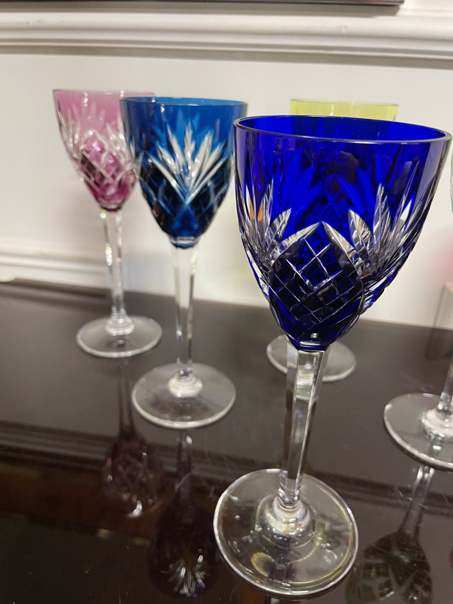 6 Saint Louis Colored Crystal Roemer Glasses, Chantilly Pattern, H: 21.5-photo-4