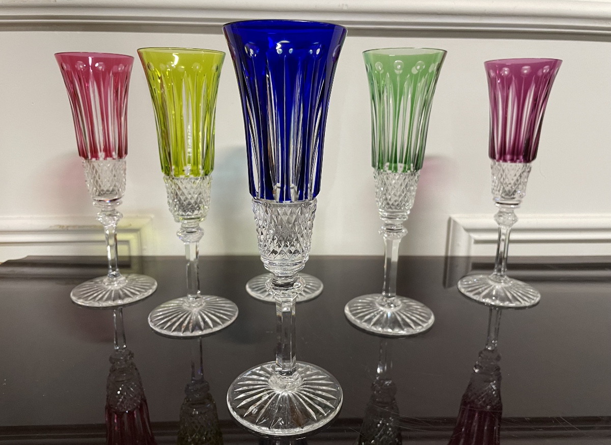 6 Saint Louis Tommy H Colored Crystal Champagne Flutes, 20.5 Cm