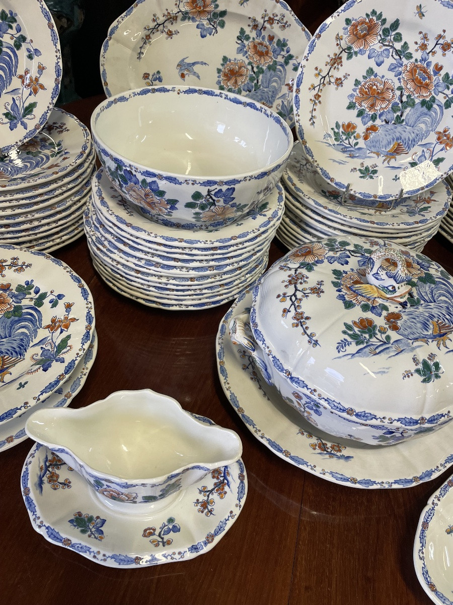 Gien - Gien Earthenware Dinner Service, Roosters And Peonies Pattern, 71 Pieces -photo-3
