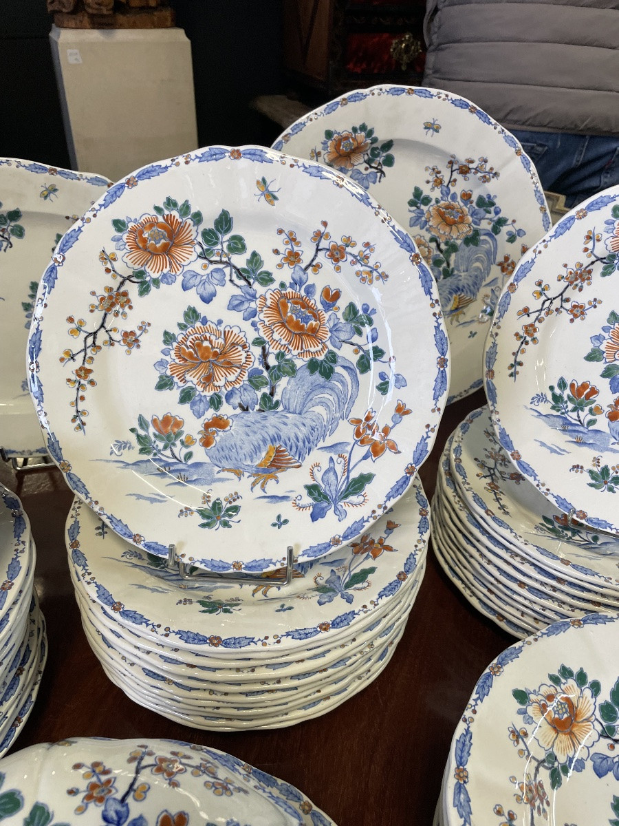 Gien - Gien Earthenware Dinner Service, Roosters And Peonies Pattern, 71 Pieces -photo-4