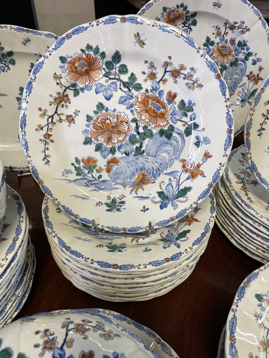 Gien - Gien Earthenware Dinner Service, Roosters And Peonies Pattern, 71 Pieces -photo-5