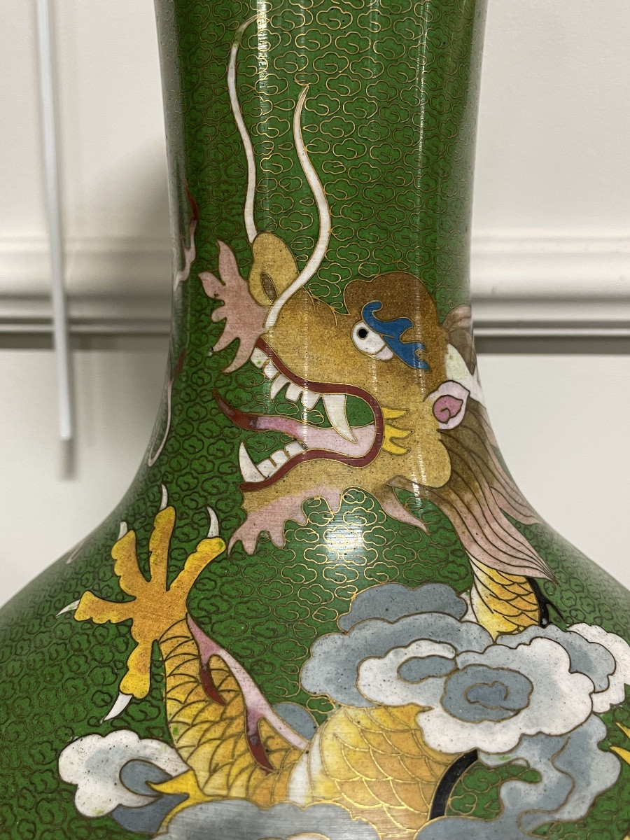 China - Pair Of Cloisonné Vases With Dragons, 20th Century Enamel-photo-3