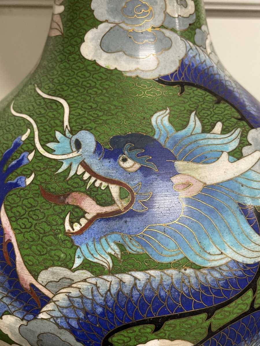 China - Pair Of Cloisonné Vases With Dragons, 20th Century Enamel-photo-4
