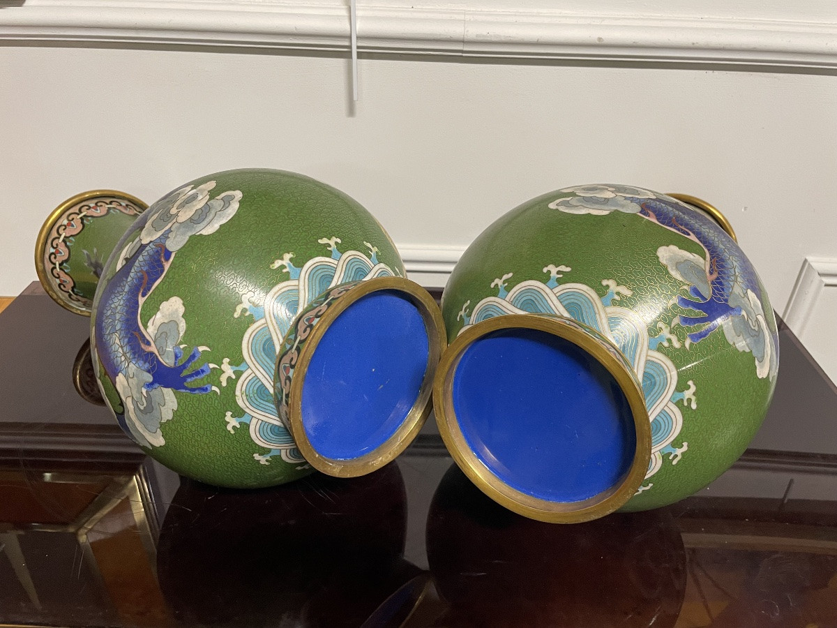 China - Pair Of Cloisonné Vases With Dragons, 20th Century Enamel-photo-6