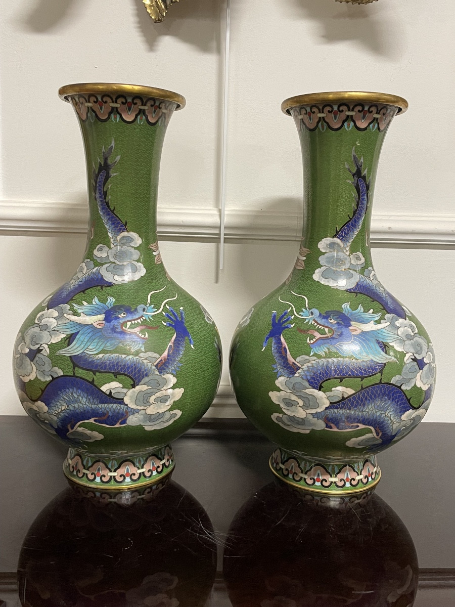 China - Pair Of Cloisonné Vases With Dragons, 20th Century Enamel-photo-8