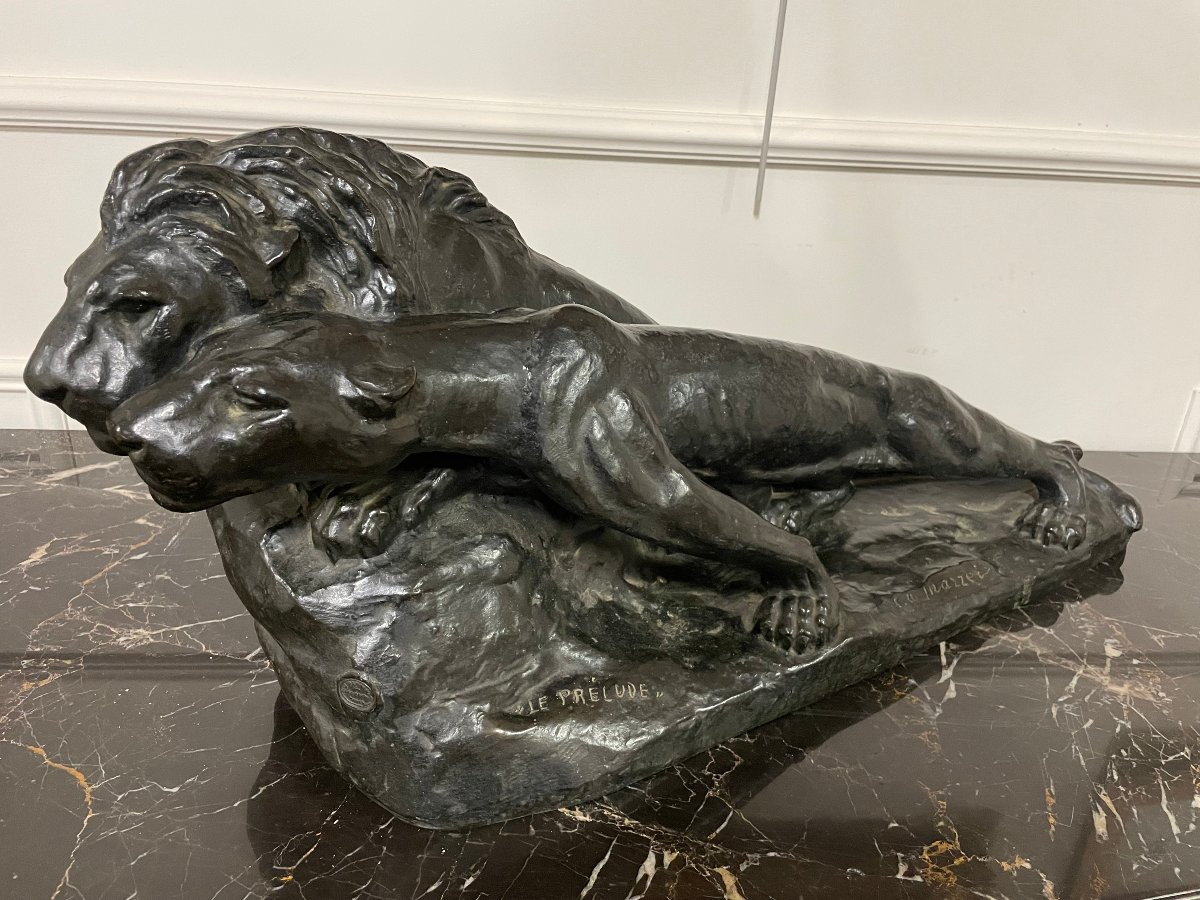 Important Bronze Animal Sculpture - The Lion And Lioness, The Prelude - C. Mazzei-photo-2