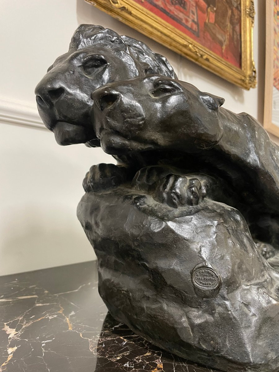 Important Bronze Animal Sculpture - The Lion And Lioness, The Prelude - C. Mazzei-photo-4