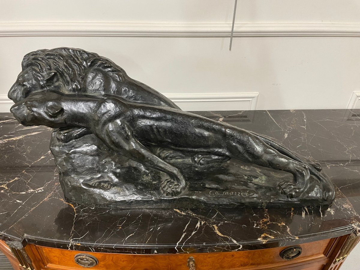 Important Bronze Animal Sculpture - The Lion And Lioness, The Prelude - C. Mazzei-photo-2