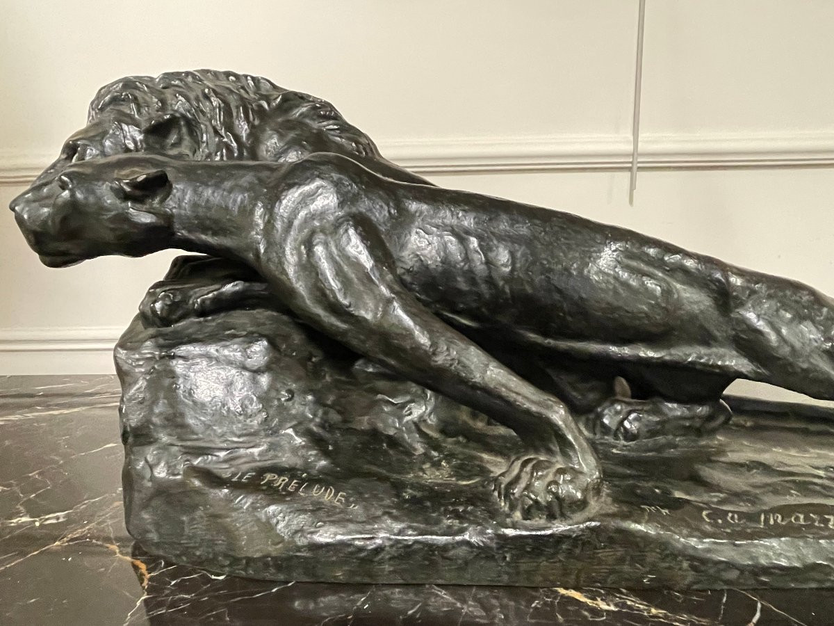 Important Bronze Animal Sculpture - The Lion And Lioness, The Prelude - C. Mazzei-photo-7