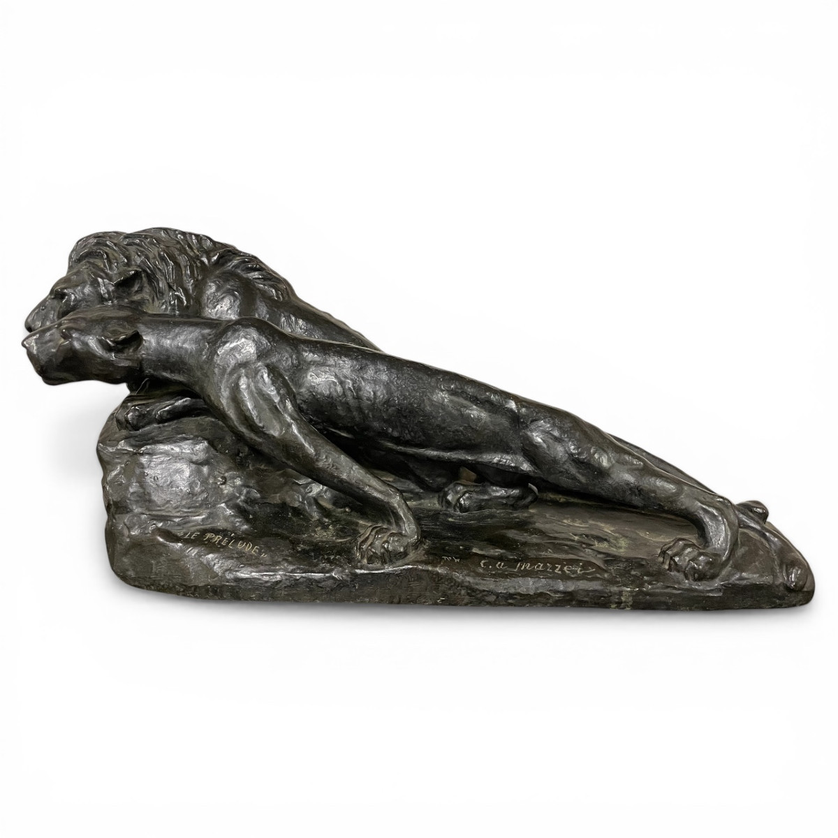 Important Bronze Animal Sculpture - The Lion And Lioness, The Prelude - C. Mazzei